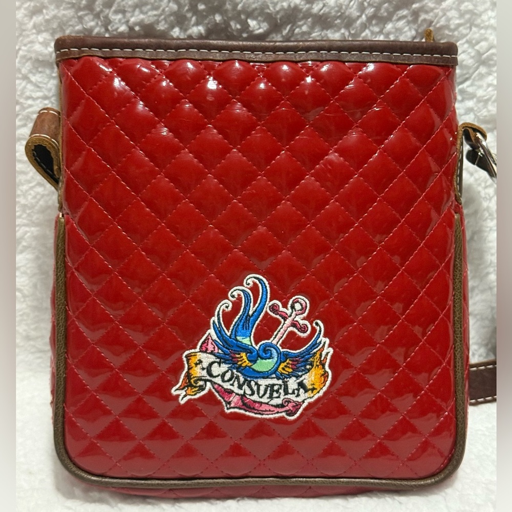 Consuela Quilted Red Patent Crossbody Bag with Embroidered Crest